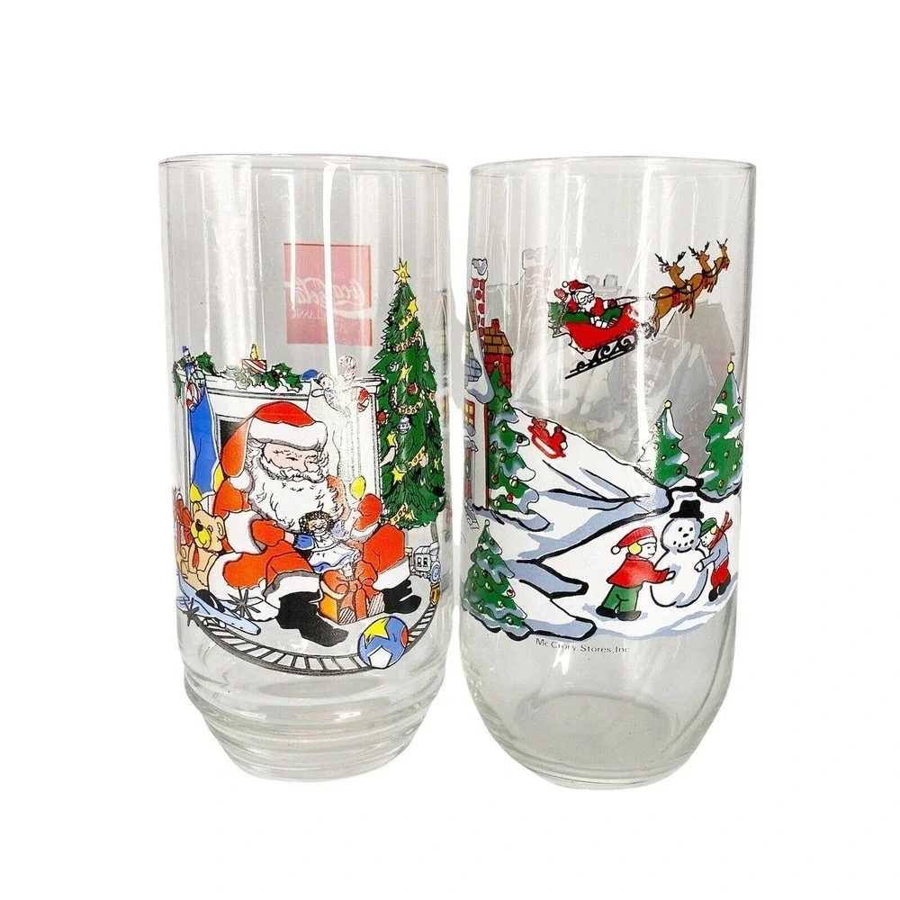 Coke Coca Cola Vtg Holiday Glasses McCrory Stores Christmas Snowman Toy Shop